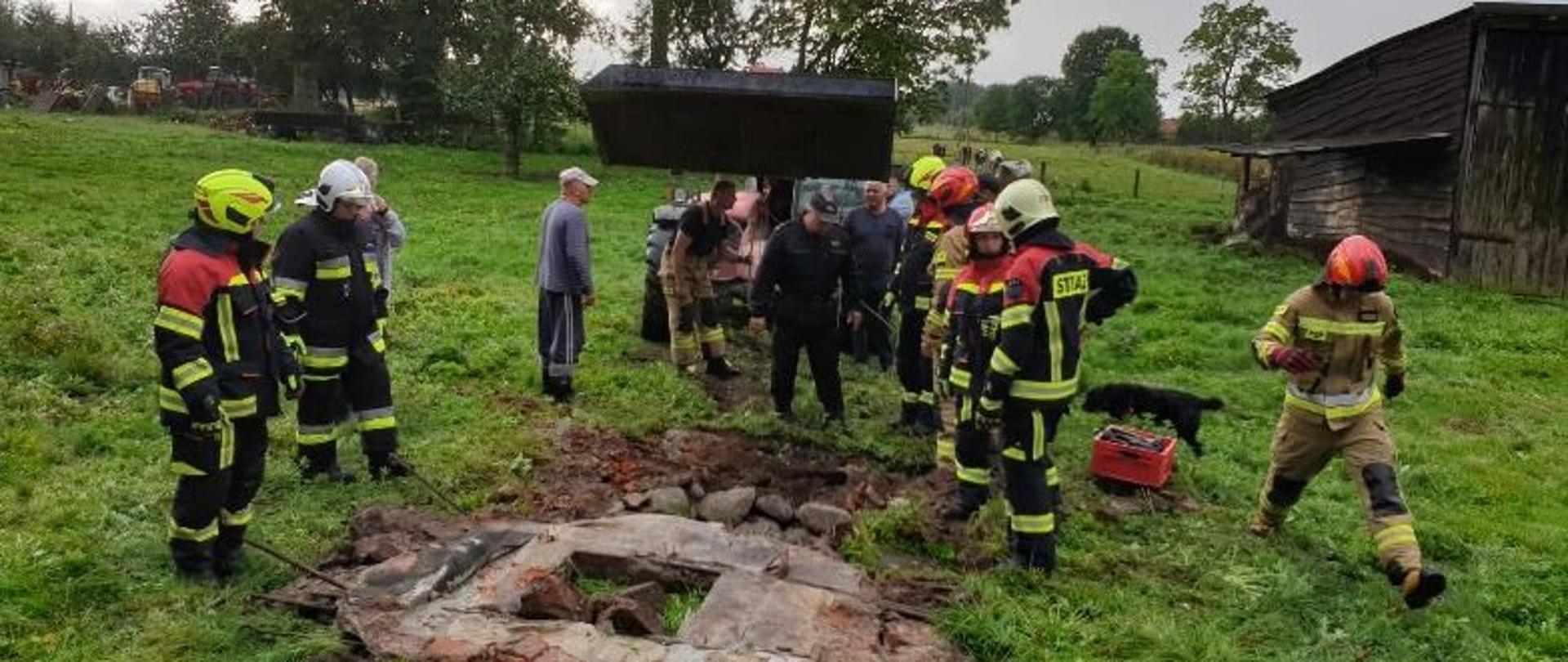 Byk w studni. Na zdjęciu strażacy w mundurach stoją przy studni na łące.