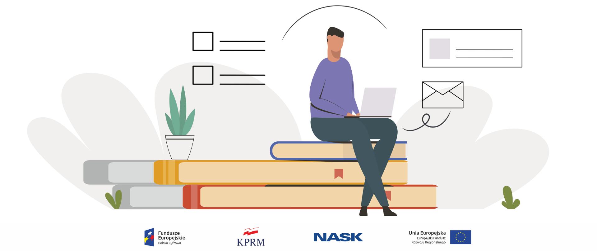 Grafika wektorowa - mężczyzna siedzi na książkach, na kolanach trzyma laptopa, z którego korzysta. Wokół niego ikony kojarzące się z internetem: koperta, wiadomości.