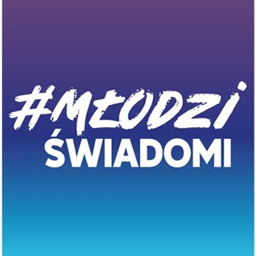 Kolaż zdjęć promujących program edukacyjny „#Młodzi Świadomi”. Na grafice widoczne są grupy młodych ludzi spędzających razem czas, trzymające się za ręce i spacerujące. Pomiędzy zdjęciami znajdują się ikony symbolizujące zdrowie, bezpieczeństwo i relacje międzyludzkie. W centrum umieszczono napis „#MŁODZI ŚWIADOMI”.