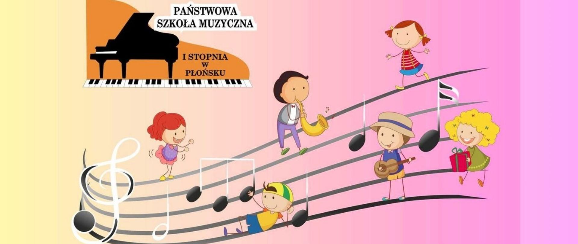 Plakat przedstawia dzieci grające na pięciolinii 