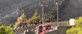 Widok z boku. Pojazd dowodzenia i łączności oraz samochód pożarniczy JRG Wadowice na skalnym moście. Na jednej z anten powiewa biało-czerwona flaga. W tle spalone wzgórze. 