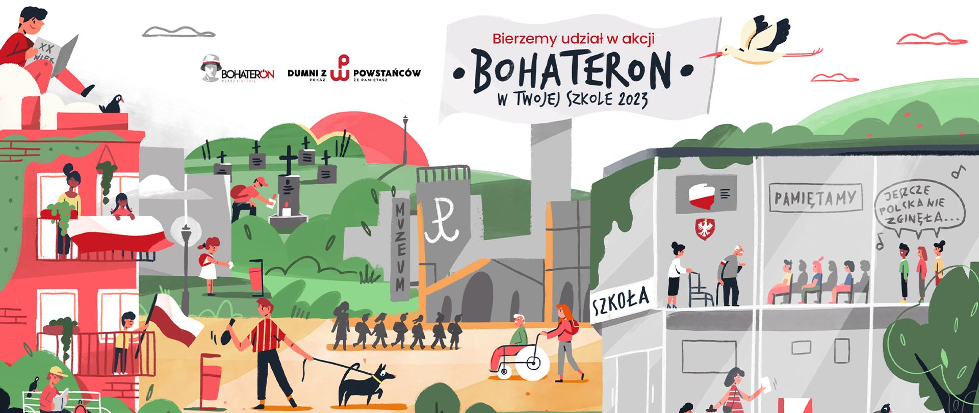 Grafika przedstawiająca ludzi podejmujących różne aktywności - spacer z psem, dzieci idące do szkoły, pan karmiący ptaka, kobieta idąca do wyborów i oddająca głos do urny, pan siedzący na ławce i czytający książkę. W tle napis z nazwą akcji.