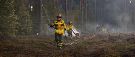 Dwaj strażacy ubrani w piaskowe ubranie specjalne na głowie mają czerwone kaski oraz gogle ochronne, usta mają zasłonięte chustą. W rękach trzyma prądownice i węża pożarniczego. W dym oraz drzewa