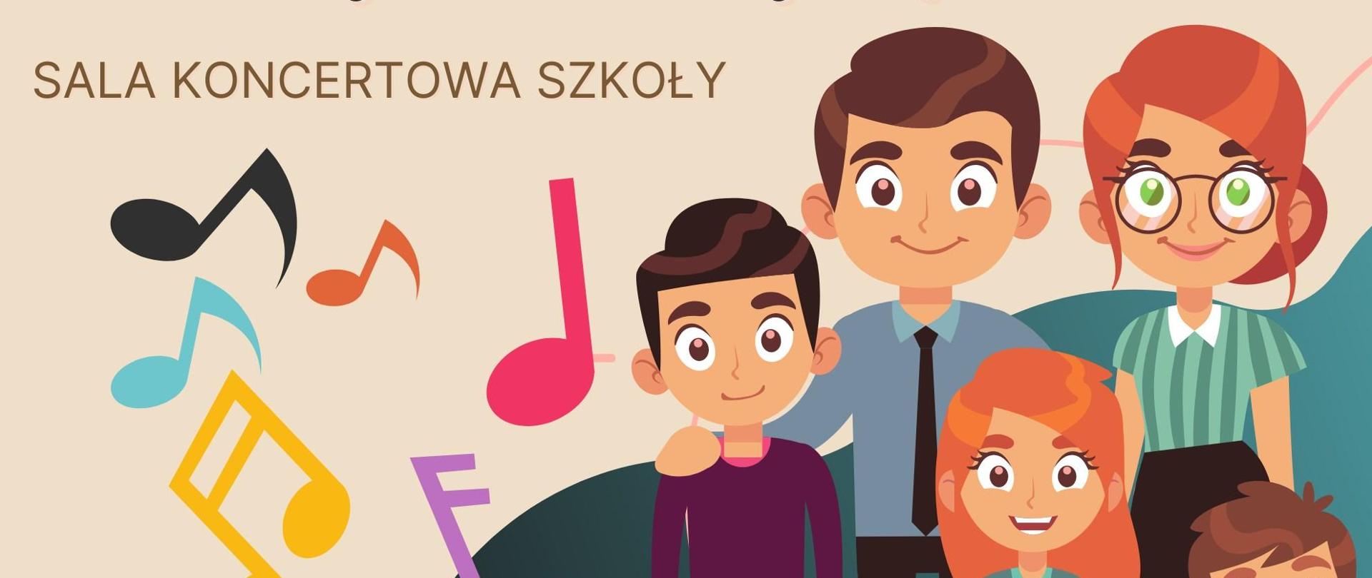 Plakat informujący o koncercie szkolnym z okazji Dnia Matki i Dnia Ojca, tło beżowe, napisy brązowe i i w odcieniach szarości, na dole grafika przedstawiająca rodziców z trójką dzieci, po lewej kolorowe nutki