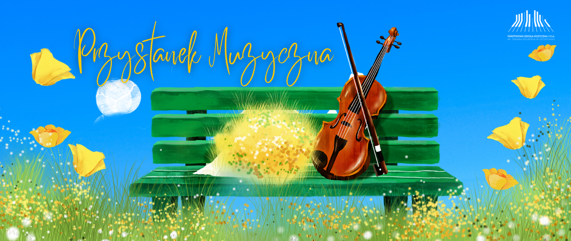 
Baner w kolorze błękitnym. Na dole grafika rozciągnięta na całej długości baneru przedstawiająca zieloną ławkę ze skrzypcami stojącą na trawie, po bokach żółte kwiaty. W prawym górnym rogu logo Państwowej Szkoły Muzycznej I i II st. im. Oskara Kolberga w Szczecinku. 