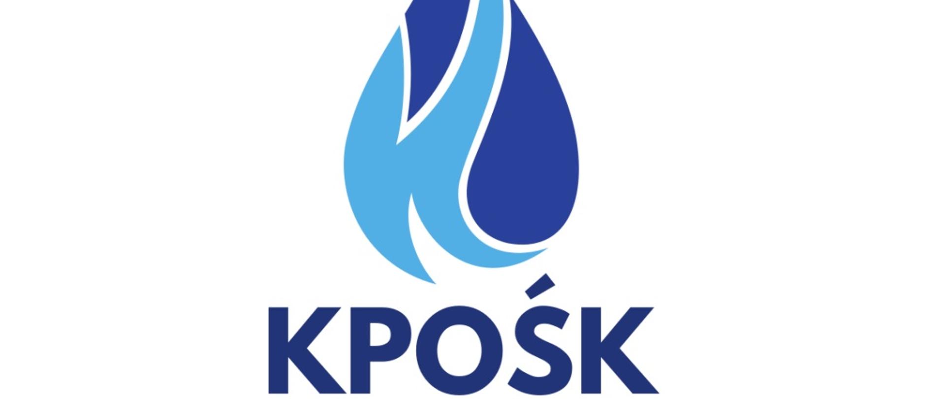 Logo Krajowy Program Oczyszczania Ścieków Komunalnych. Na białym tle kropla wody. 
