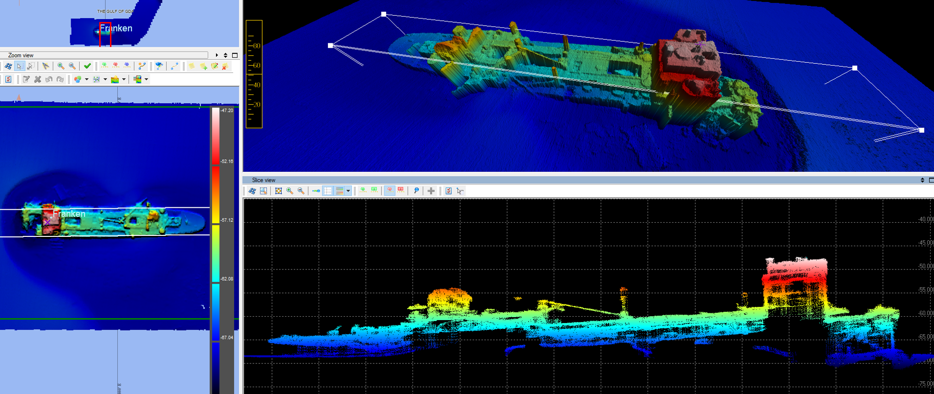 Aktualna sytuacja batymetryczna w rejonie zalegania wraka t/s FRANKEN na podstawie pomiarów hydrograficznych wykonanych przez Urząd Morski w Gdyni dnia 12.07.2018 r. z wykorzystaniem systemu hydrograficznej echosondy wielowiązkowej amerykańskiej firmy R2 Sonic, typ 2024.