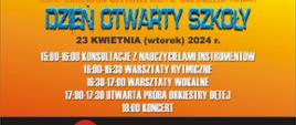 Na pomarańczowym tle duży niebieski napis: Dzień otwarty szkoły, poniżej data i godzina oraz wydarzenia, które odbędą się tego dnia. 