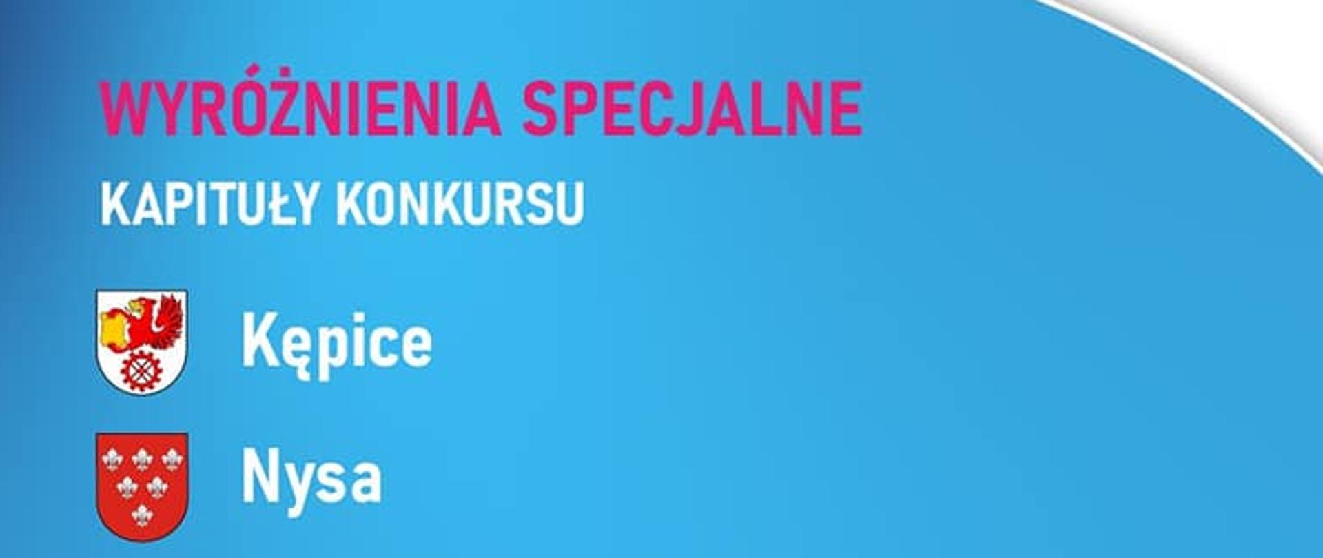 Ilustracja graficzna resortu rodziny i polityki społecznej. Na niej w górnej części na białym tle logo resortu oraz po prawej stronie logo programu Samorząd Pro Familia. Logo to przedstawia zarys trzech postaci - tzw. chłopki, poniżej nich zarys wyciągniętej dłoni.
Poniżej informacja o wyróżnieniach specjalnych w ramach konkursu. Logo gminy Kępice oraz logo gminy Nysa na Opolszczyźnie. 