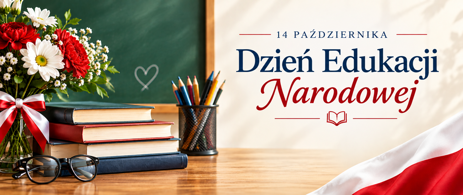 Grafika przygotowana na okazję Dnia Edukacji Narodowej. Po lewej stronie, na biurku, kwiaty w wazonie, książki, okulary i kolorowe kredki. Po prawej stronie napis "14 października Dzień Edukacji Narodowej".