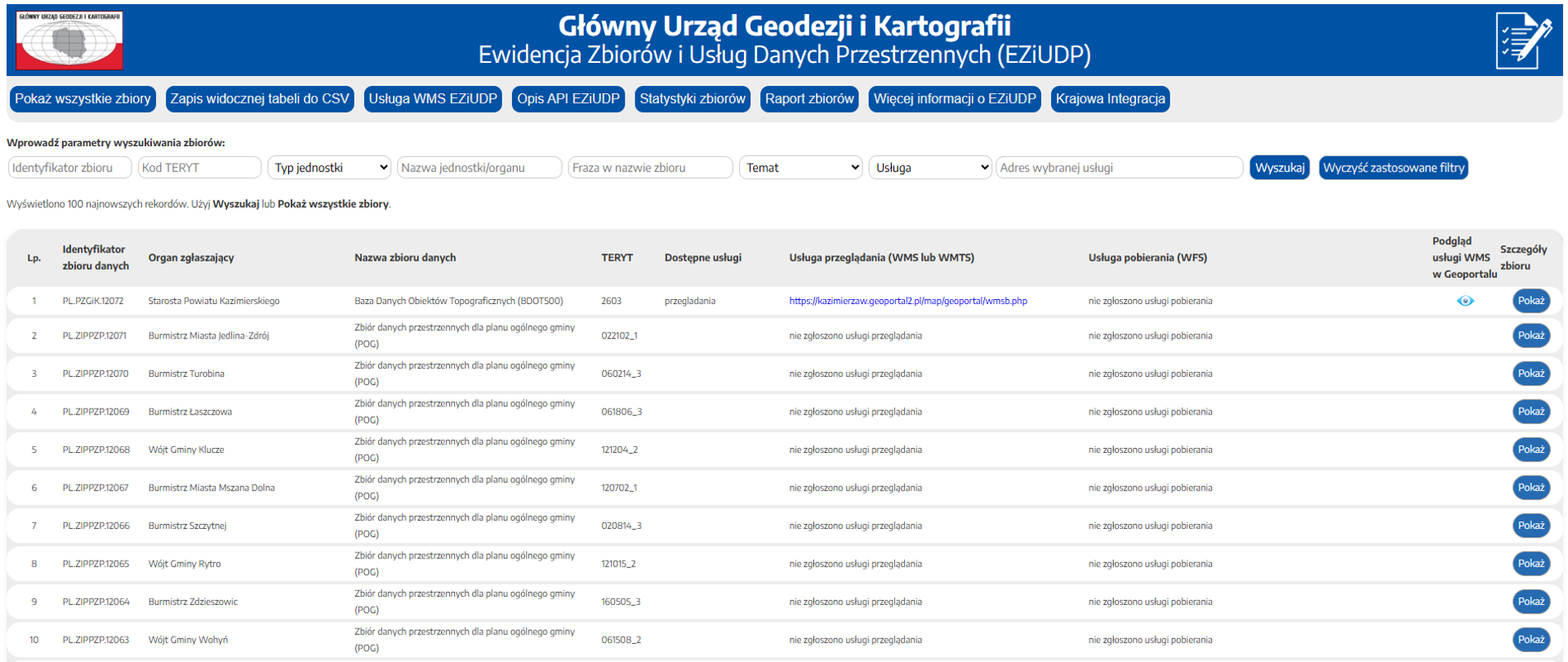Zrzut ekranu z serwisu https://integracja.gugik.gov.pl/eziudp/index.php