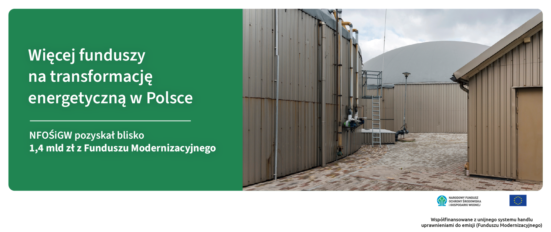 Grafika ilustracyjna. Więcej funduszy na transformację energetyczną w Polsce. NFOŚiGW pozyskał blisko 1,4 mld zł z Funduszu Modernizacyjnego