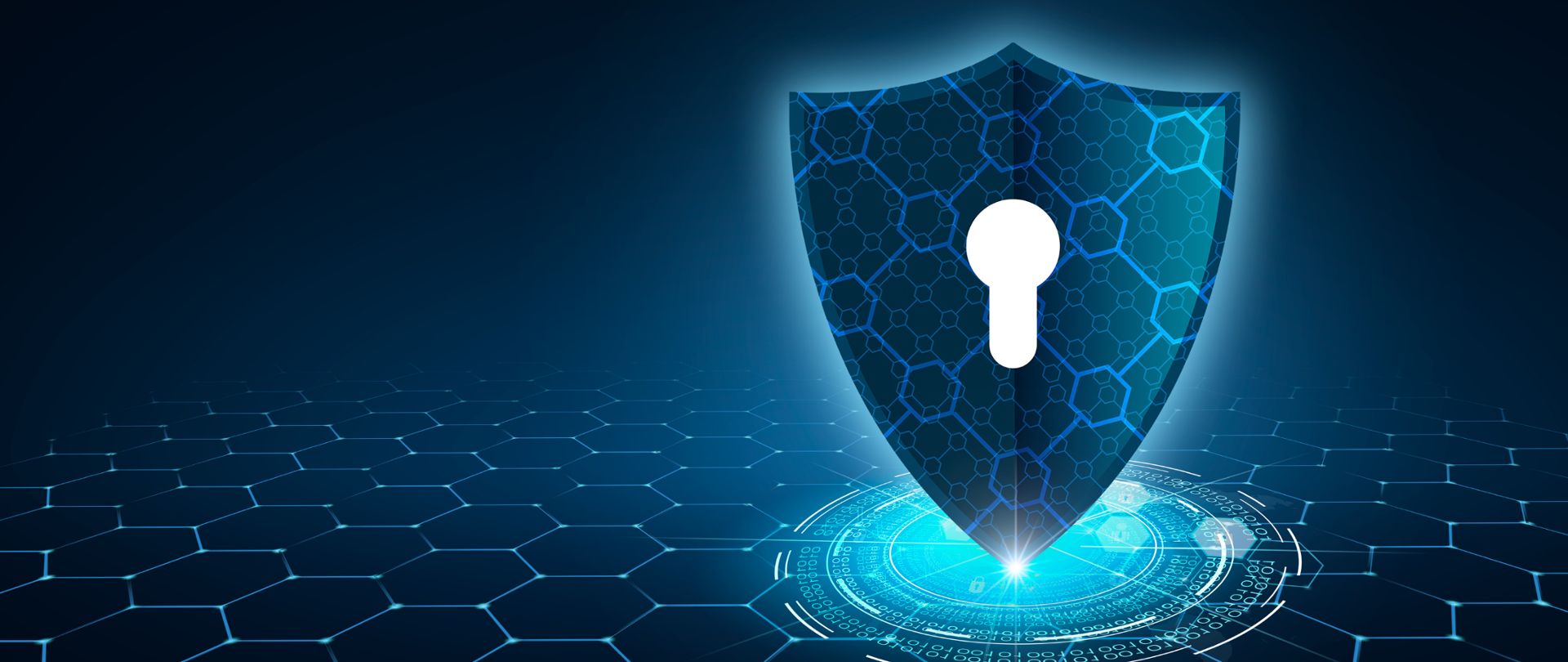 Grafika w granatowo-niebieskich kolorach. Na pierwszym planie, z prawej strony, symbol kłódki. Na dole elementy symbolizujące sieć cyberbezpieczeństwa.