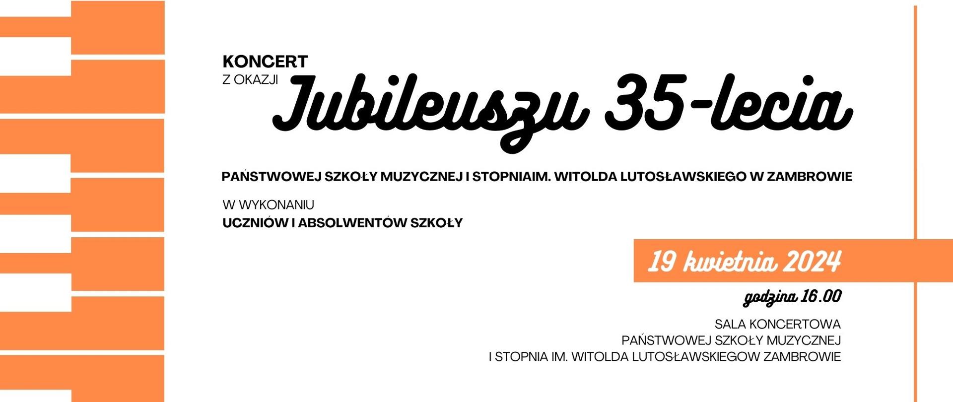 Na białym tle umiejscowione są od góry informacje organizacyjne: Nazwa koncertu , termin - czcionką pochyłą , miejsce. Po prawej stronie umieszczona jest grafika biało pomarańczowa przedstawiająca klawiaturę