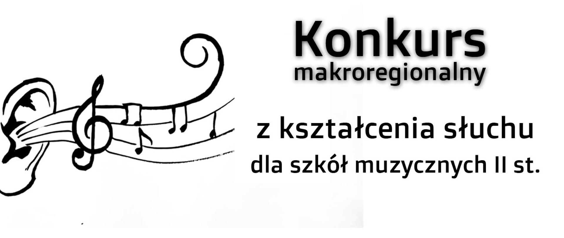 Grafika przestwawia ucho i wydobywającą się z niego pięciolinię. Na niej umieszczony jest klucz wiolinowy i nuty.
Obok grafiki tekst Makroregionalny konkurs z kształcenia słuchu dla szkół muzycznych II stopnia
