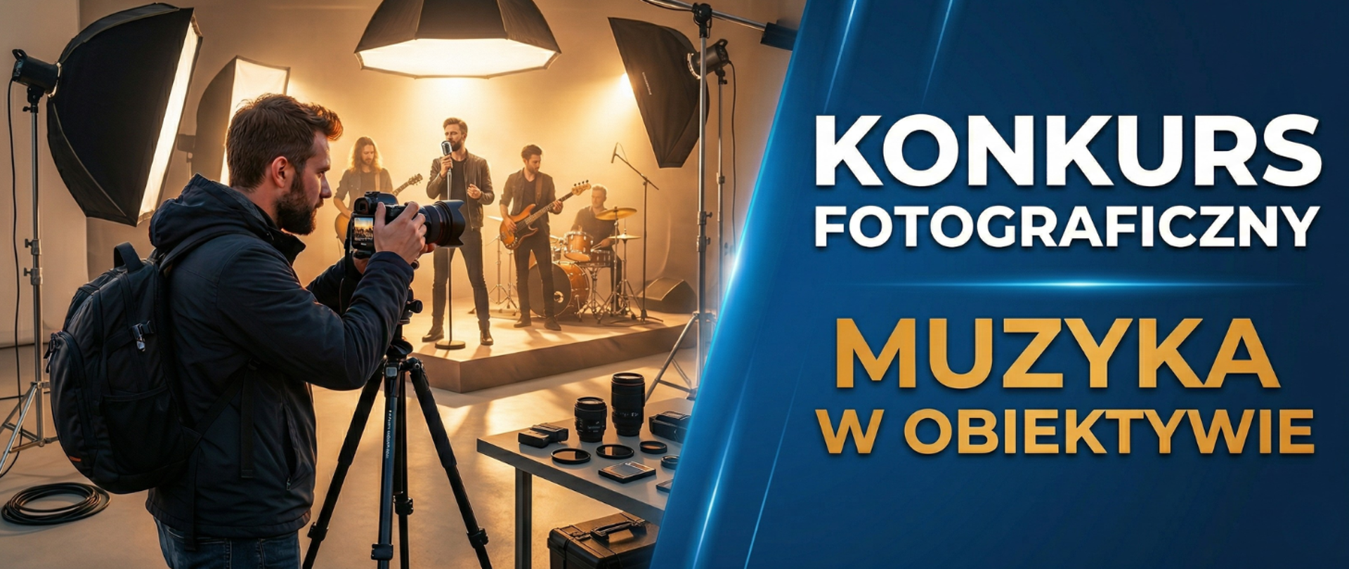 Baner promujący konkurs. Lewa strona grafiki przedstawia fotografa w studiu, który robi zdjęcie zespołowi muzycznemu przy użyciu aparatu na statywie. W tle widać muzyków grających w ciepłym świetle dużych lamp studyjnych, a na pierwszym planie stół z obiektywami. Prawa strona baneru to granatowe tło z jasnymi, ukośnymi liniami, na którym znajduje się duży tekst: biały napis „KONKURS FOTOGRAFICZNY” oraz złoty napis „MUZYKA W OBIEKTYWIE