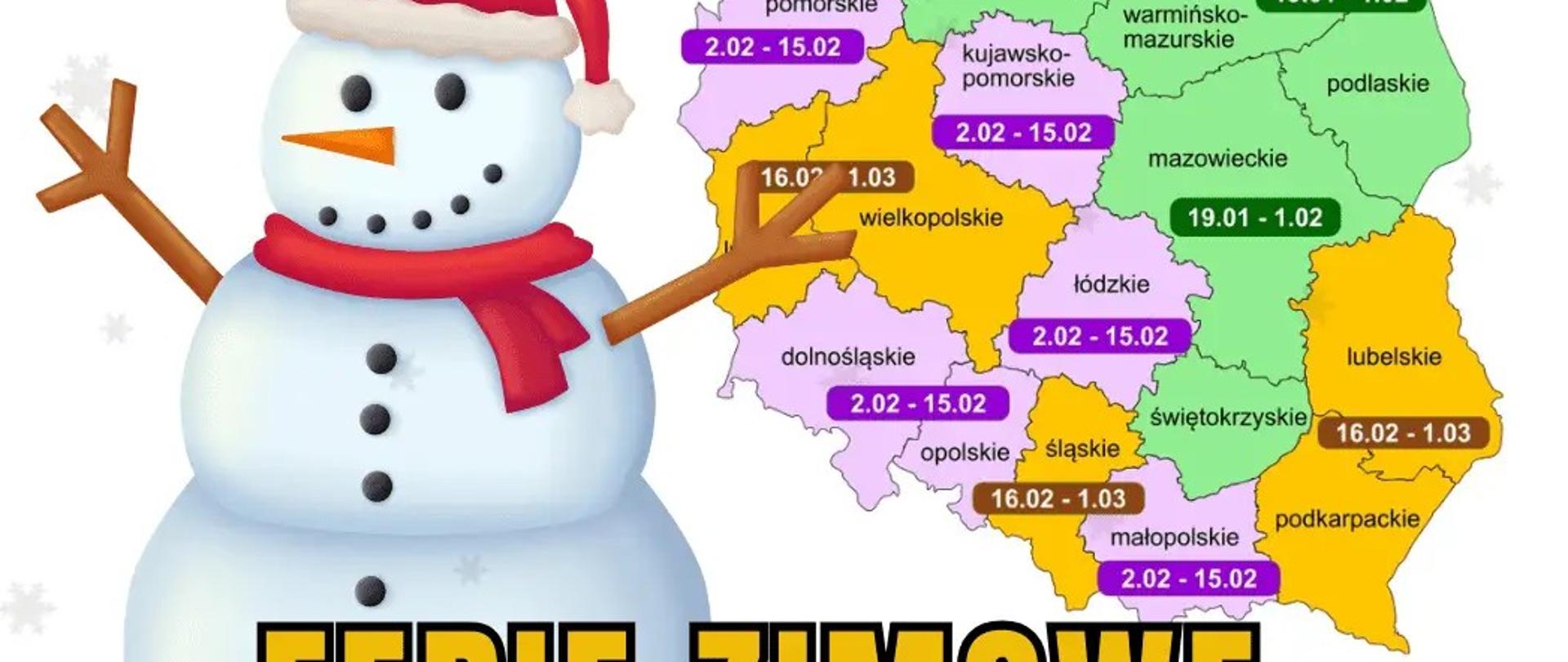 zdjęcie mapy polski z terminami ferii zimowych 2025/2026. W województwie łódzkim termin ferii to 02.02. do 15.02.2026