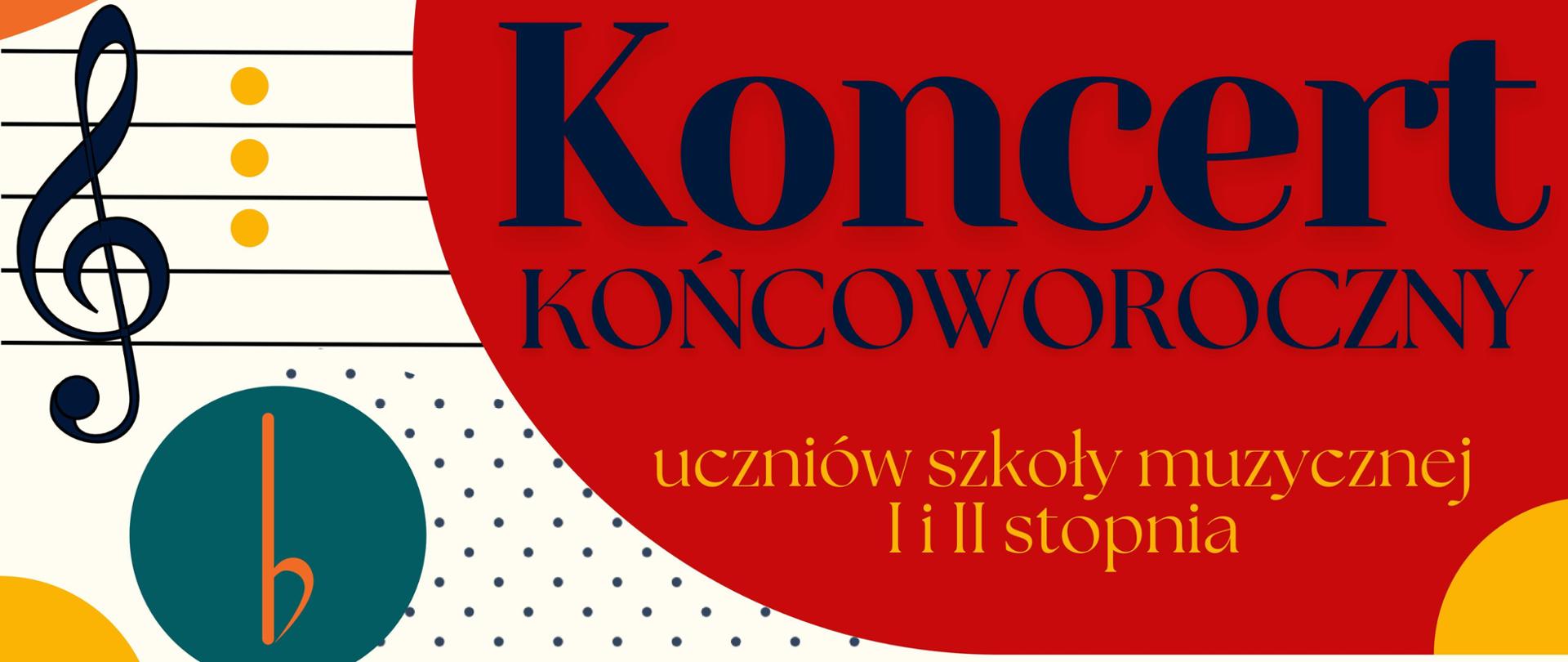 Kolorowe tło, namalowana pięciolinia, klucze, informacje dotyczące koncertu końcoworocznego w filharmonii 14 maja 2024 r.