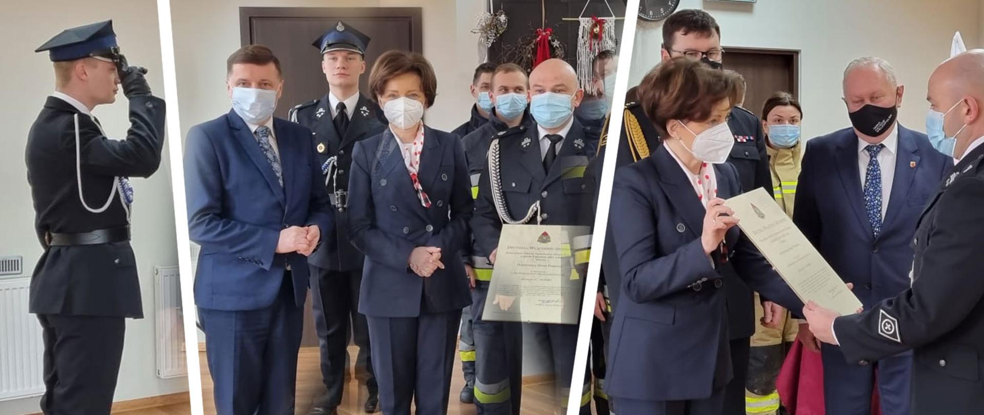 Kolaż ze spotkania minister Malag z jednostkami OSP. Minister stoi w otoczeniu strażaków w galowych mundurach.