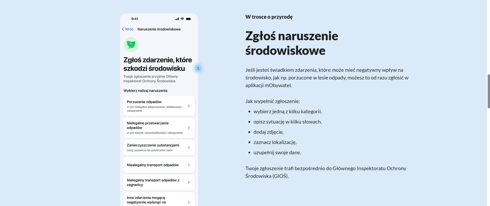 Zrzut ekranu strony internetowej info.mobywatel.gov.pl poświęconej usłudze „Zgłoś naruszenie środowiskowe”. Po lewej stronie widoczna jest makieta ekranu telefonu z aplikacją mObywatel i listą kategorii zgłoszeń, m.in. porzucenie odpadów, nielegalne przetwarzanie odpadów oraz zanieczyszczenie substancjami. Po prawej stronie znajduje się nagłówek „Zgłoś naruszenie środowiskowe” oraz opis usługi z instrukcją zgłoszenia: wybór kategorii, opis sytuacji, dodanie zdjęcia, wskazanie lokalizacji i uzupełnienie danych. Zgłoszenie trafia do Głównego Inspektoratu Ochrony Środowiska
