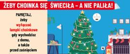 Zdjęcie przedstawia grafikę świąteczna z komunikatem by choinka się świeciła nie paliła.