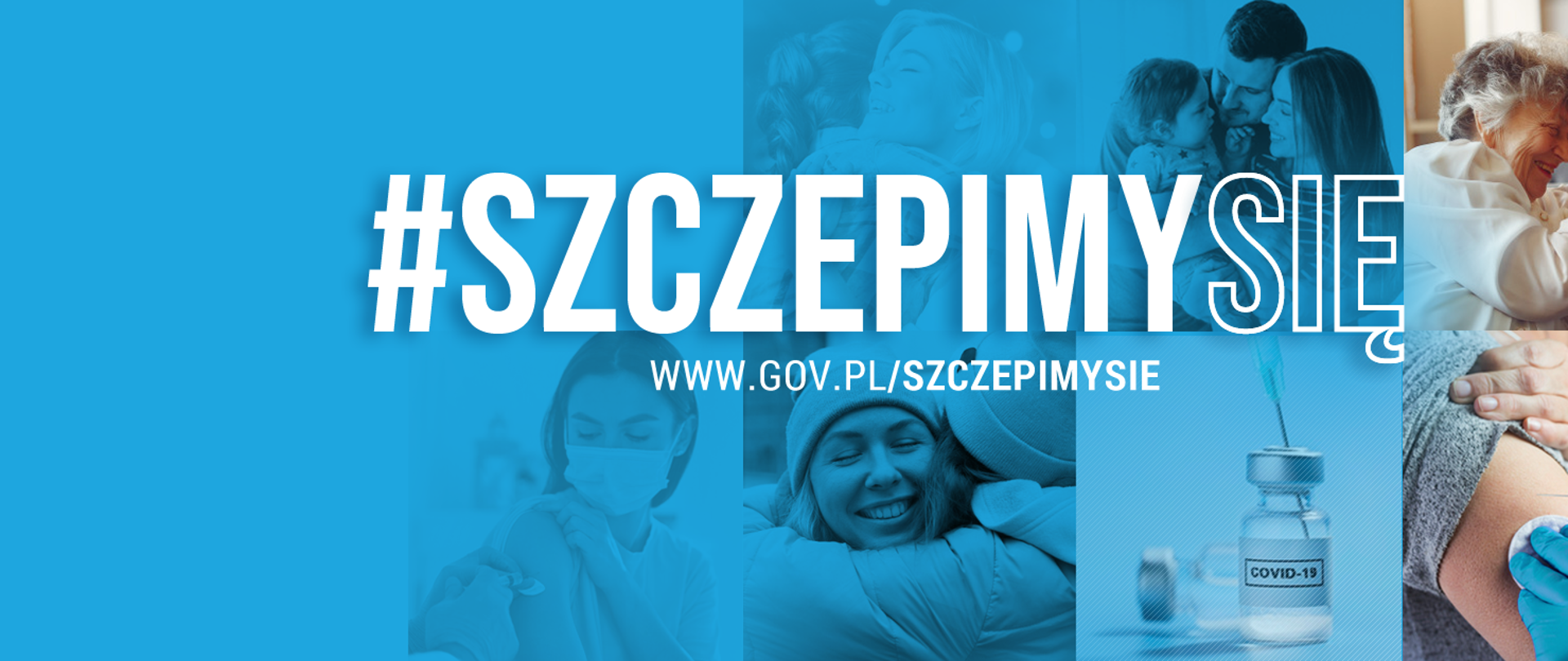 grafika na niebieskim tle z napisem #szczepimysie, poniżej napis www.gov.pl/szczepimysie