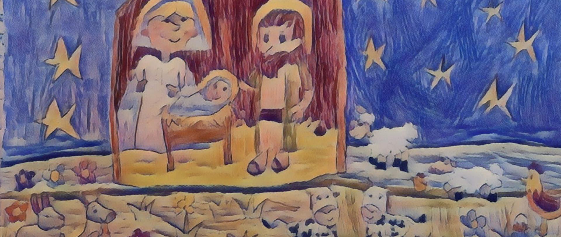 Niebieskie tło z żółtymi gwiadkami. Stajenkan z Marią, Józefem i Jezusem w żłóbku. Na dole po lewej dwazające, po prawej małe krówki, kura i owieczka
