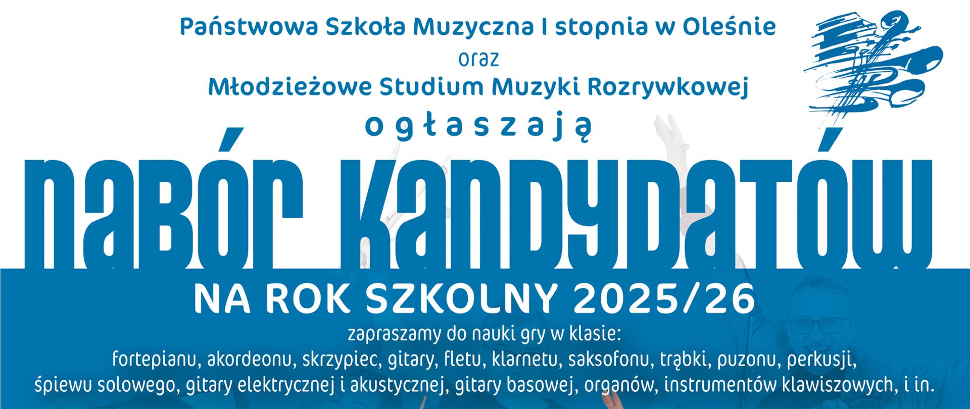 Plakat przedstawiający dzieci grające na instrumentach na niebieskim tle i informacjami o rekrutacji