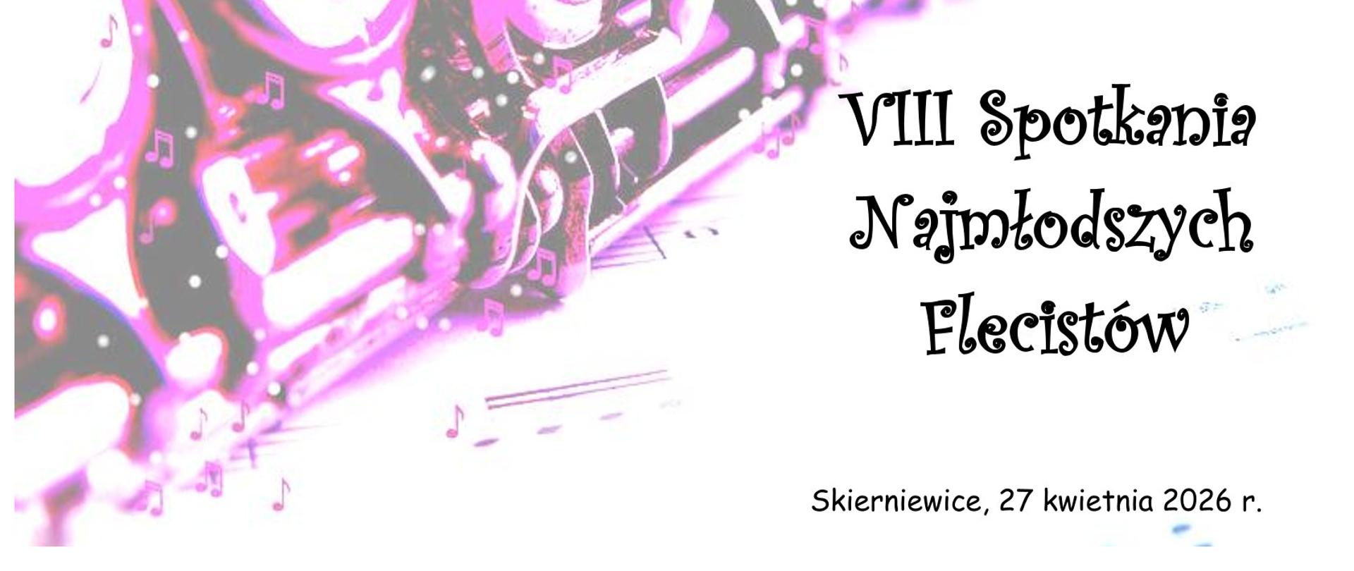 Plakat z grafiką fletu na fioletowym tle. Napis w dolnym rogu czarna czcionką VIII Spotkania Najmłodszych Flecistów 27 kwietnia 2026 