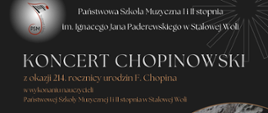 Plakat na ciemnym tle, w górnej części logo szkoły oraz nazwa szkoły, poniżej tytuł koncertu oraz z jakiej okazji się odbywa. Poniżej wykonawcy Nauczyciele oraz wykonywany program. W dolnej części z lewej strony data i godzin wydarzenia. W części dolnej centralnie miejsce wydarzenia oraz informacja o wstępie wolnym. W prawej części plakatu grafika przedstawiająca Fryderyka Chopina. Plakat w ciemnym kolorystyce ze złotą i białą czcionk