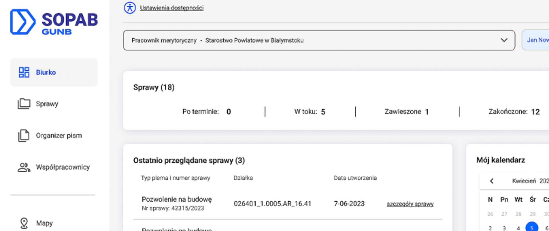 Zrzut ekranu z systemu SOPAB GUNB z widocznym panelem spraw i kalendarzem; użytkownik Jan Nowak.