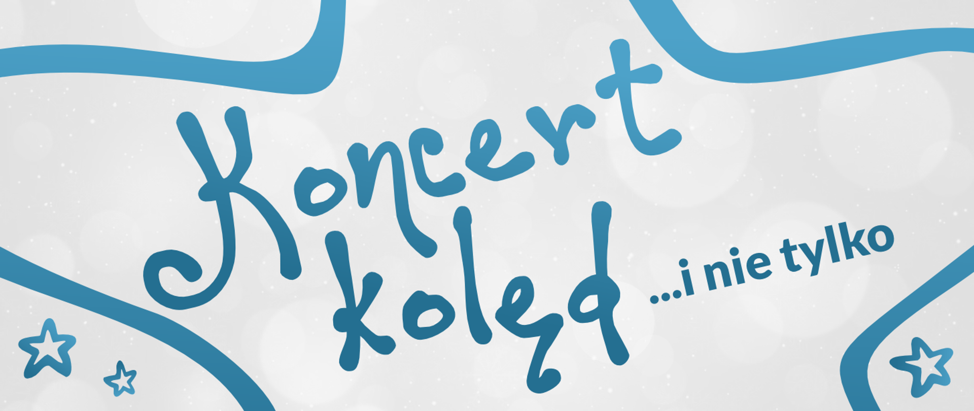 plakat przedstawia dużą niebieską gwiazdę i pomniejsze dookoła niej, a wewnątrz gwiazdy napisy także w odcieniach niebieskiego kolejno od góry, logo psm mielec, tytuł: koncert kolęd i nie tylko oraz info o dacie i miejscu wydarzenia: 10 stycznia 2023, godzina 17:00, sala królewska psm mielec, wystąpią uczniowie psm I stopnia