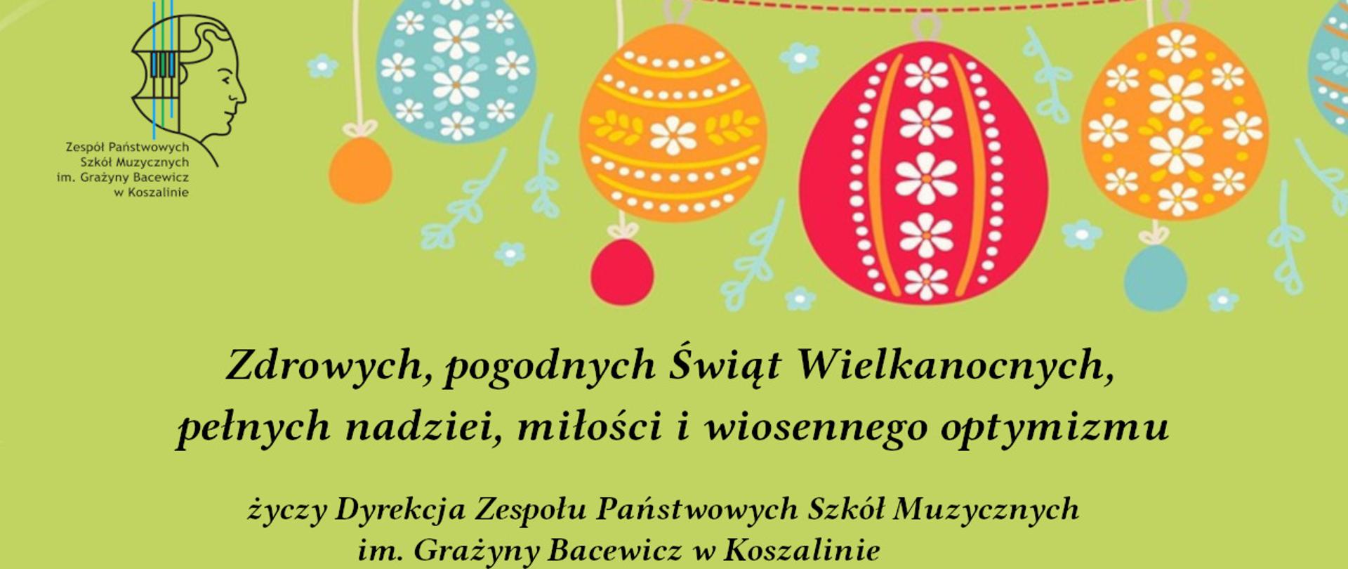 zielone tło karty, na sznurku wiszą pisanki kolorowe, pod spodem życzenia 