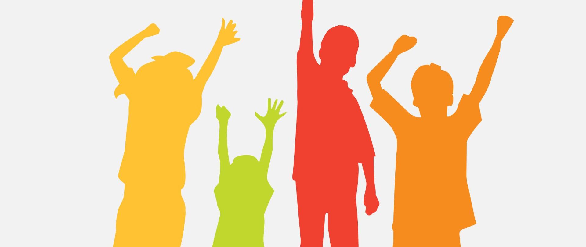 cztery kolorowe postacie dzieci unoszące ręce do góry