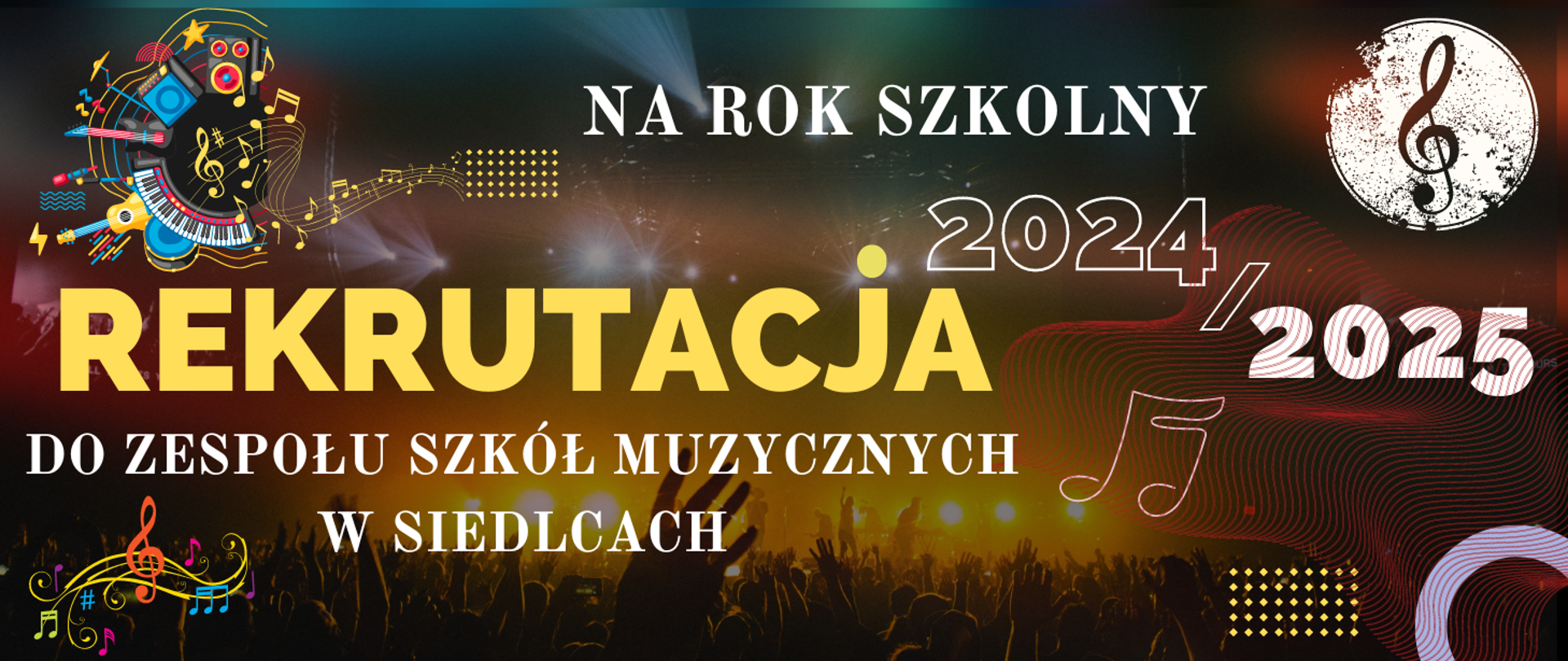 ciemne tło z elementami czerwieni oraz informacją o rekrutacji do szkoły muzycznej, widoczne elementy grafiki muzycznej typu clip art