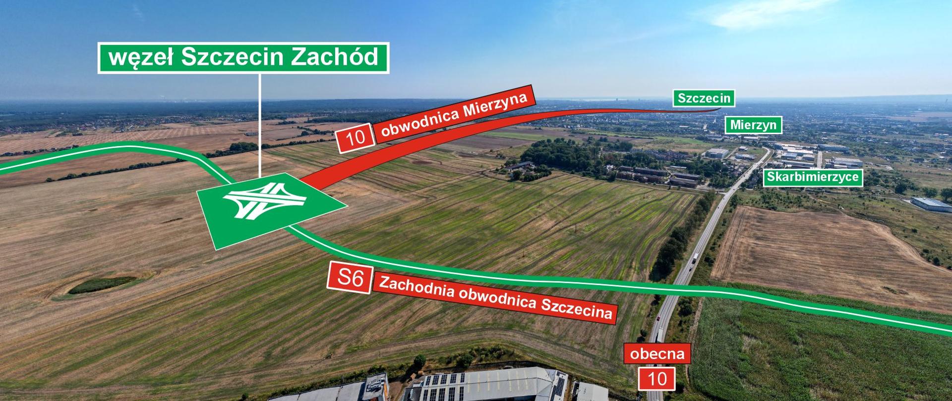 Wizualizacja przedstawia widok z lotu ptaka na okolice węzła Szczecin Zachód, wraz z planowanym przebiegiem obwodnicy Mierzyna oraz zachodniej obwodnicy Szczecina w ciągu S6. Na grafice zaznaczono również obecną drogę krajową 10 oraz pobliskie miejscowości, takie jak Mierzyn i Skarbimierzyce.
