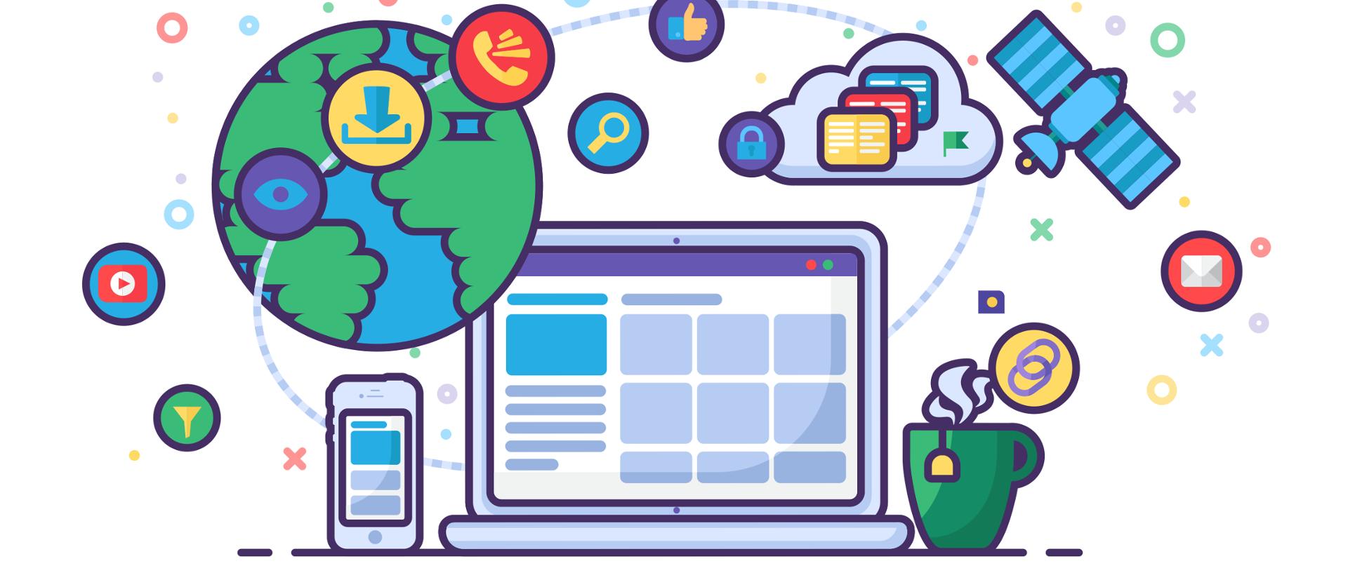 Kolorowa grafika wektorowa - na środku laptop. Z jego prawej strony kubek z herbatą, z prawej - smartfon. Wokół ikony kojarzące się z internetem i danymi.