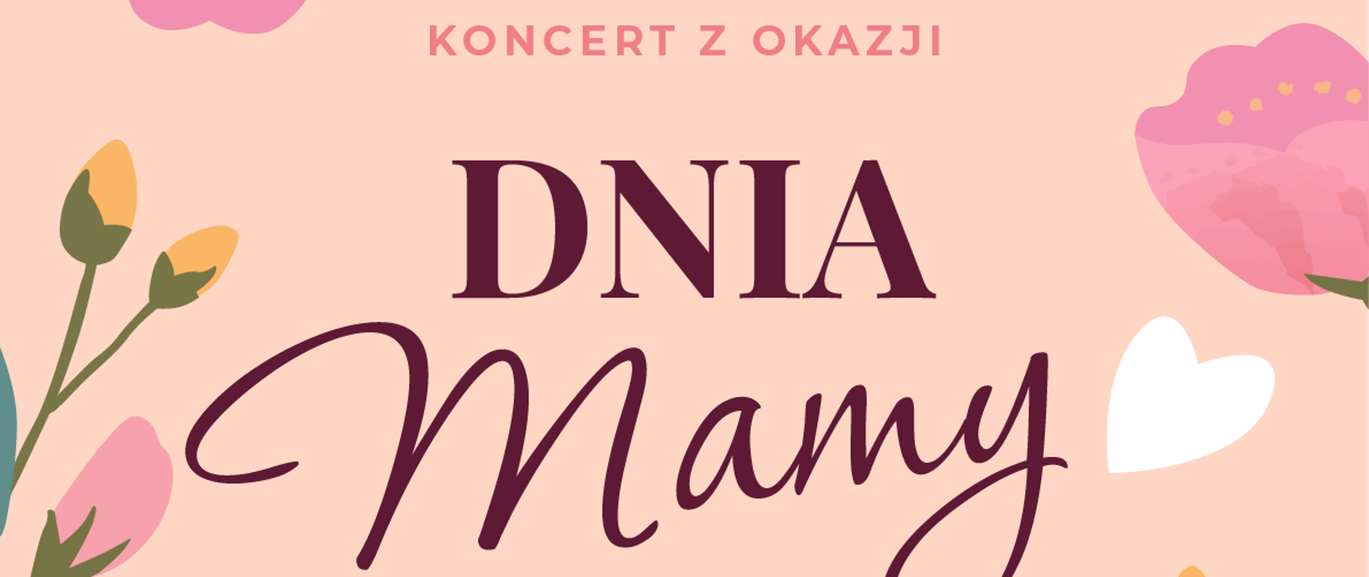 Na obrazku widnieje plakat promujący wydarzenie. Tło jest różowe z wzorami kwiatowymi, a ilustracje przedstawiają kwiaty w odcieniach różu, pomarańczu i żółci. Tekst na plakacie jest w języku polskim i ogłasza koncert z okazji Dnia Mamy, który odbędzie się 24 maja 2024 roku o godzinie 16:30 w Sali Koncertowej Szkoły. Zaproszenie na koncert brzmi “Serdecznie zapraszamy.” 