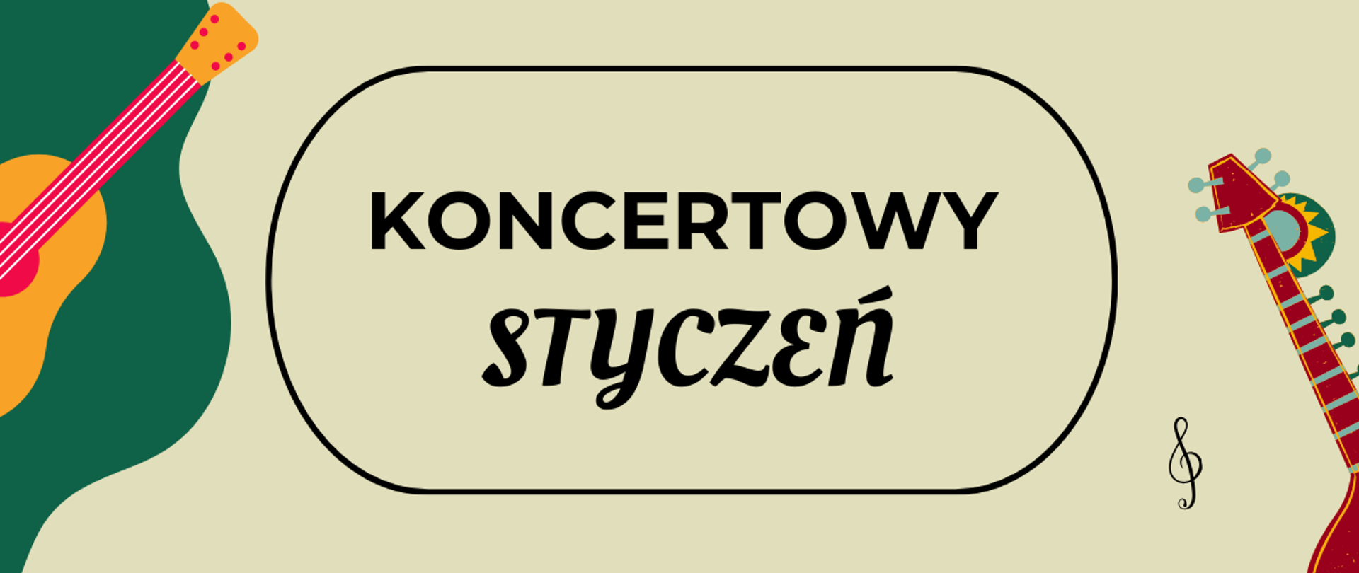 Na beżowym tle znajdują się grafiki różnych instrumentów oraz wykaz dat- dni koncertów szkoły