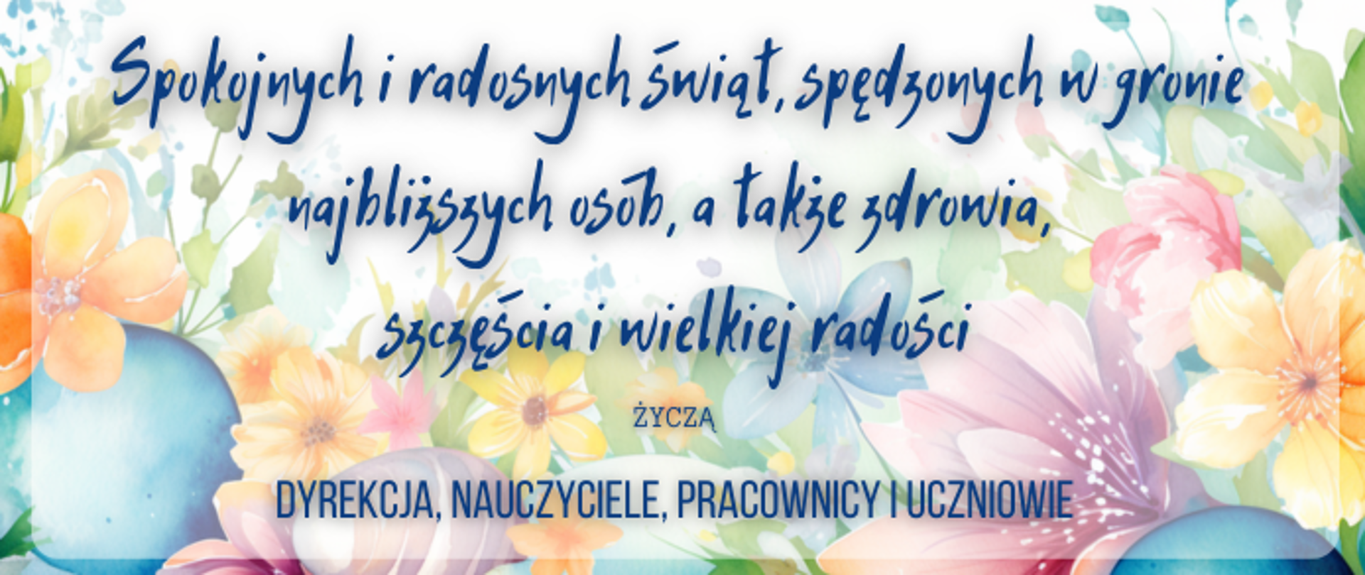Niebieski napis z życzeniami świątecznymi Wielkiej Nocy, na tle kolorowych kwiatów
