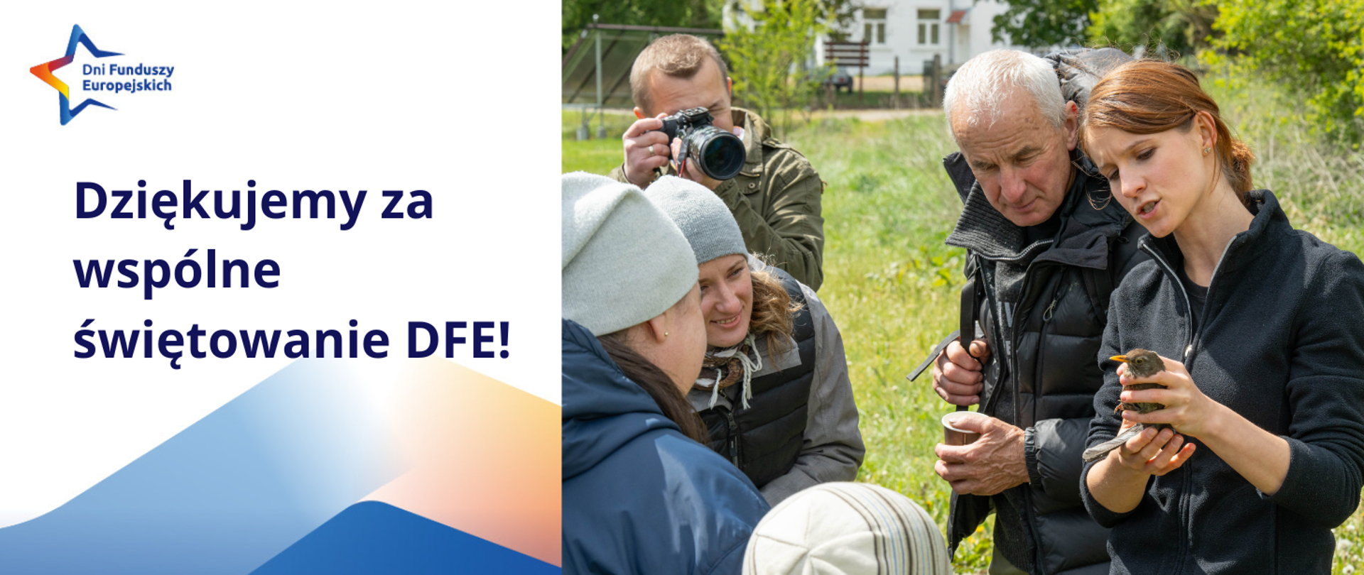 Zdjęcie ilustruje obchody Dni Funduszy Europejskich w Narwiańskim Parku Narodowym. Pracownica Parku trzyma w ręku małego, brązowego ptaka. Pokazuje go kilku zebranym wokół niej osobom. Kobieta ma ok. 30 lat, rude włosy, jest szczupła, ubrana w czarny polar. Po jej prawej stronie, lekko z tyłu, stoi starszy, siwy mężczyzna, ubrany na czarno i patrzy na ptaka. Kolejną osobą jest mężczyzna w średnim wieku, który robi zdjęcia lustrzanką. Przed pracownicą Parku znajdują się dwie kobiety i dziecko, którzy mają szare czapki. Pierwsza z kobiet lekko pochyla się, by przyjrzeć się ptaszkowi, uśmiecha się. Pozostałe dwie osoby są zwrócone tyłem. Jest słoneczny, majowy dzień.