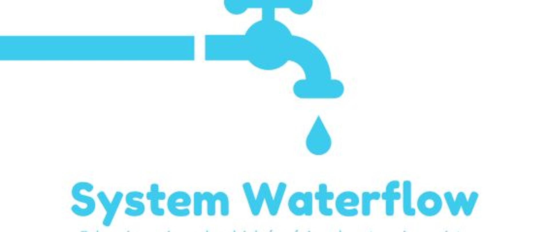 Plakat w kolorach białym i błękitnym. Głównym elementem plakatu jest grafika kranu z którego kapią krople wody. W pasku na dole loga instytucji i zaangażowanych w realizację projektu firm.