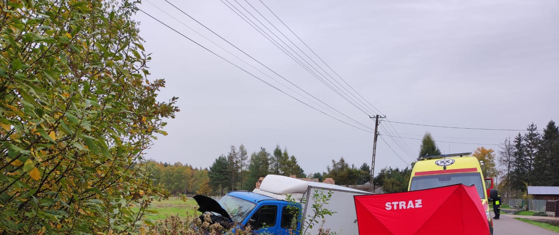 Na zdjęciu widać samochód dostawczy w rowie, na drodze Zespół Ratownictwa Medycznego i strażacy.