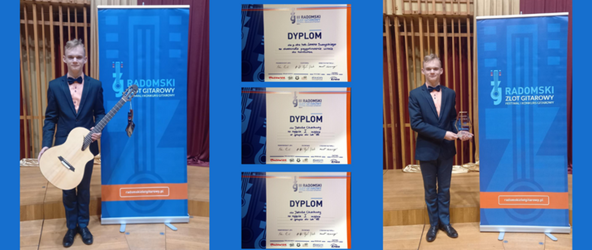 Zdjęcie przedstawia po lewej i prawej stronie zdjęcie Jakuba Chachury wykonane podczas Radomskiego zlotu gitarowego, pośrodku dyplomy otrzymane podczas zlotu