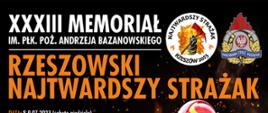 Plakat XXXIII Memoriał im. płk. poż. Andrzeja Bazanowskiego „Rzeszowski Najtwardszy Strażak”. Grafika przedstawia klęczącego strażaka, który jest ubrany w ubranie specjale, w rękach trzyma prądownicę z wężem gaśniczym. Obok tytułu umieszczono logotyp imprezy i Państwowej Straży Pożarnej.