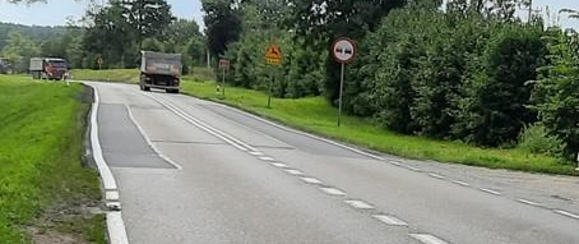 Droga w przekroju jednojezdniowym , na drodze poruszająca się ciężarówka. Przy drodze znak zakaz wyprzedzania oraz uwaga zwierzęta leśne. W tle drzewa.
