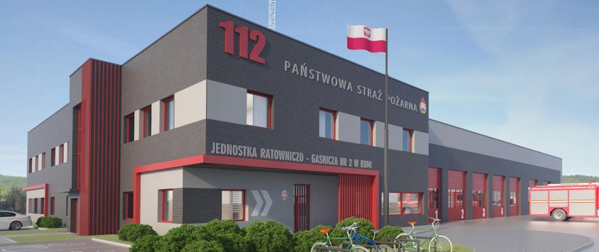 Zdjęcie przedstawia wizualizację projektowanej inwestycji jednostki ratowniczo - gaśniczej nr 2 w Rumi. 