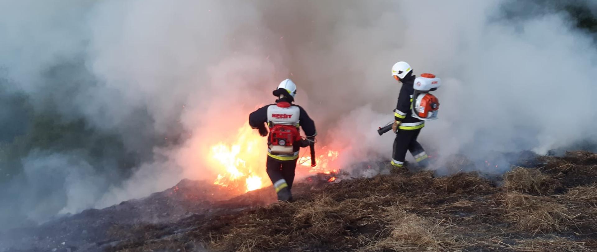 Na zdjęciu widzimy płonące siano z którego wydobywają się kłęby dymu. Dwóch strażaków wyposażonych w plecakowe opryskiwacze spalinowe prowadzi działania gaśnicze. 