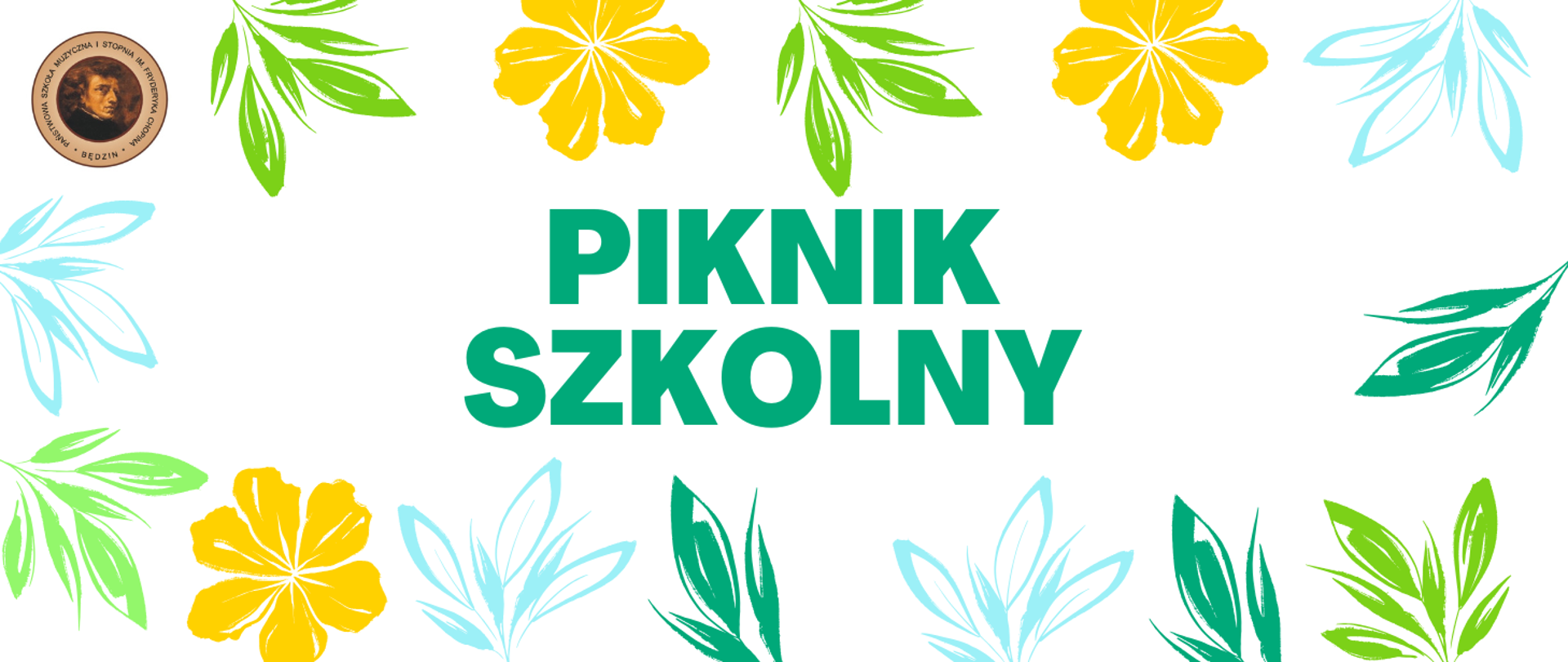 baner na białym tle, wokół ikony kolorowych liści i kwiatów, na środku napis