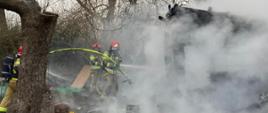 Trzech strażaków gasi palącą się altankę